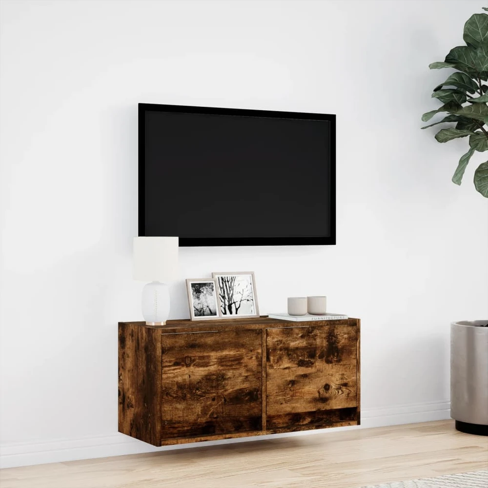 TV staliukas Sieninė TV spintelė su LED lemputėmis, dūminė, 80x31x35cm