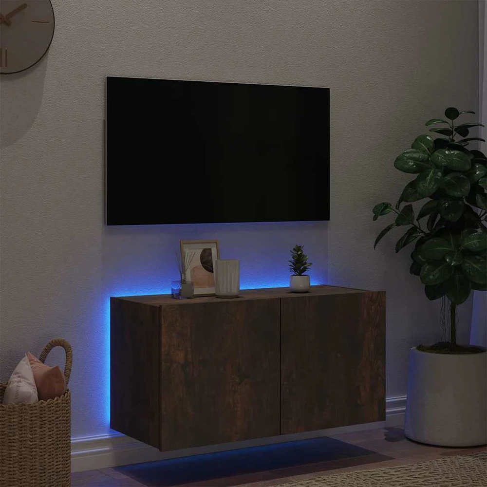 TV staliukas Sieninė TV spintelė su LED lemputėmis, dūminė, 80x35x41cm
