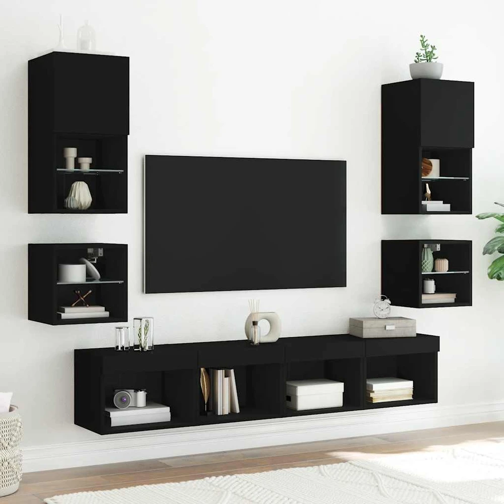 TV staliukas Sieninė TV spintelė su LED lemputėmis, juoda, 30x28,5x30cm