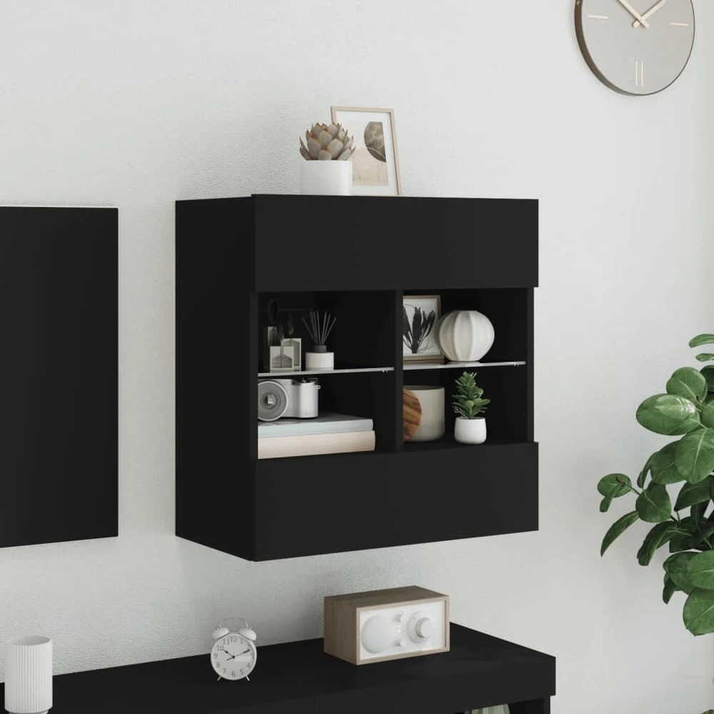 TV staliukas Sieninė TV spintelė su LED lemputėmis, juoda, 58,5x30x60,5cm