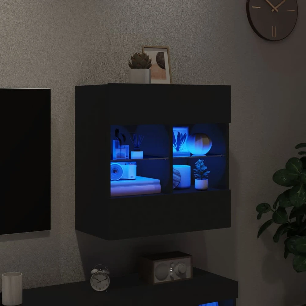 TV staliukas Sieninė TV spintelė su LED lemputėmis, juoda, 58,5x30x60,5cm