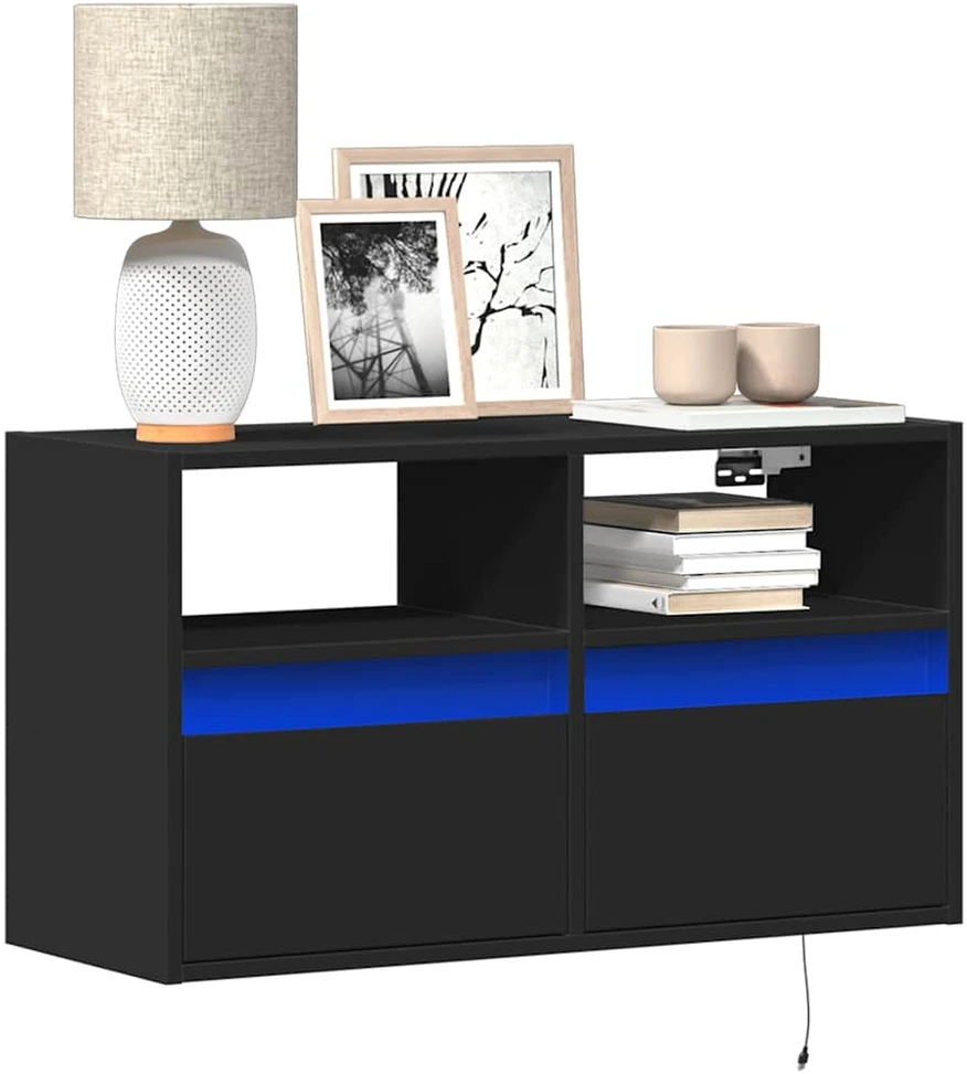 TV staliukas Sieninė TV spintelė su LED lemputėmis, juoda, 80x31x45cm
