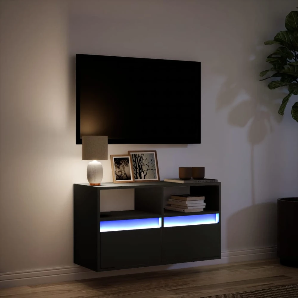 TV staliukas Sieninė TV spintelė su LED lemputėmis, juoda, 80x31x45cm