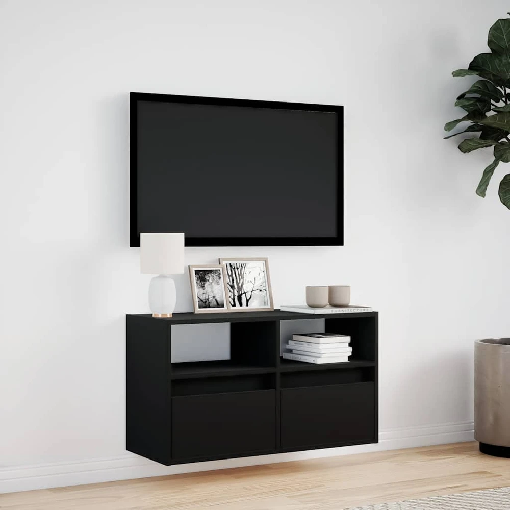 TV staliukas Sieninė TV spintelė su LED lemputėmis, juoda, 80x31x45cm