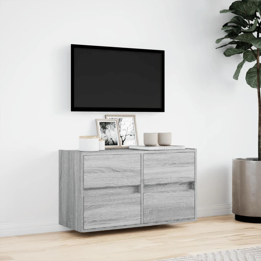 TV staliukas Sieninė TV spintelė su LED lemputėmis, pilka ąžuolo, 80x31x45cm