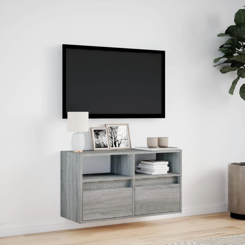 TV staliukas Sieninė TV spintelė su LED lemputėmis, pilka ąžuolo, 80x31x45cm