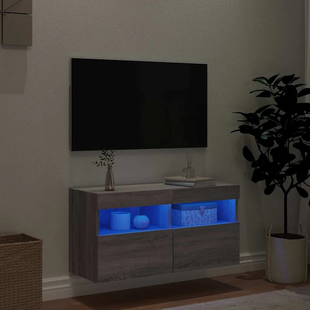 TV staliukas Sieninė TV spintelė su LED lemputėmis, pilka ąžuolo, 80x30x40cm