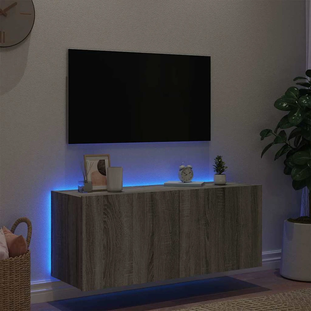 TV staliukas Sieninė TV spintelė su LED lemputėmis, pilka, 100x35x41cm