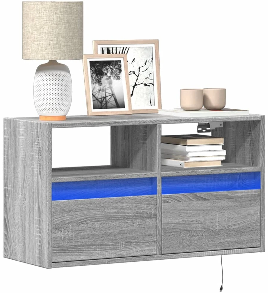 TV staliukas Sieninė TV spintelė su LED lemputėmis, pilka ąžuolo, 80x31x45cm