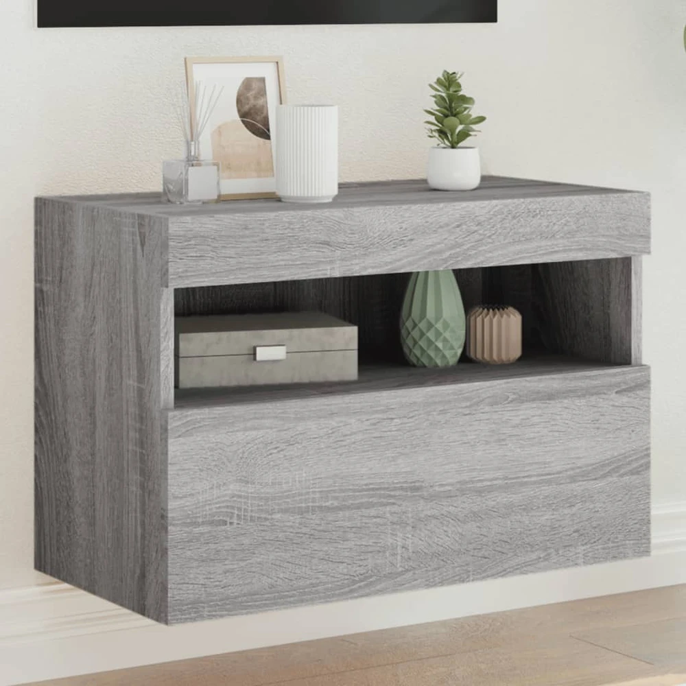 TV staliukas Sieninė TV spintelė su LED lemputėmis, pilka ąžuolo, 60x30x40cm