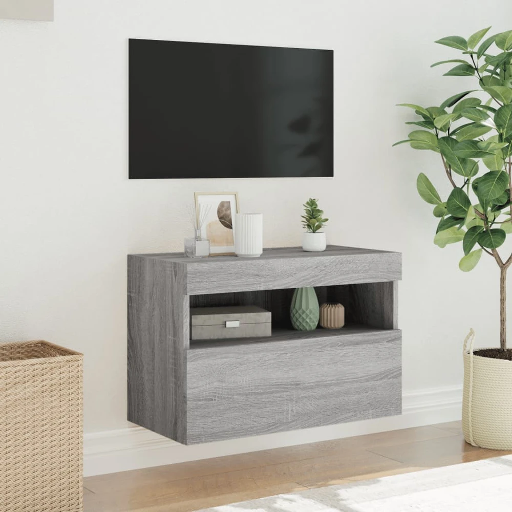 TV staliukas Sieninė TV spintelė su LED lemputėmis, pilka ąžuolo, 60x30x40cm
