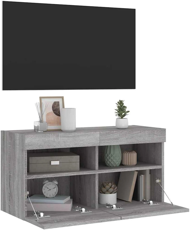 TV staliukas Sieninė TV spintelė su LED lemputėmis, pilka ąžuolo, 80x30x40cm