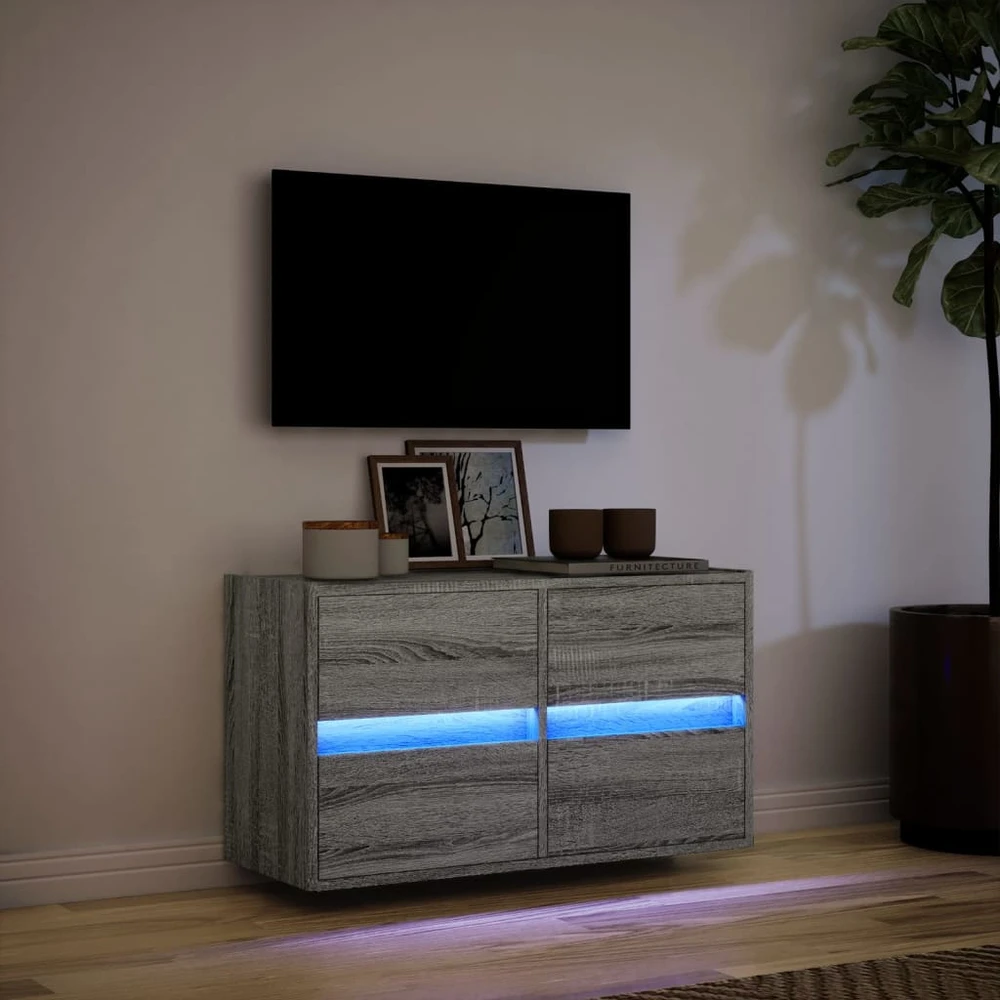 TV staliukas Sieninė TV spintelė su LED lemputėmis, pilka ąžuolo, 80x31x45cm