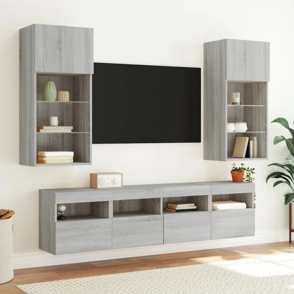 TV staliukas Sieninė TV spintelė su LED lemputėmis, pilka ąžuolo, 40x30x40cm