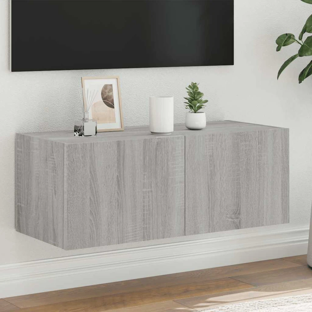 TV staliukas Sieninė TV spintelė su LED lemputėmis, pilka ąžuolo, 80x35x31cm