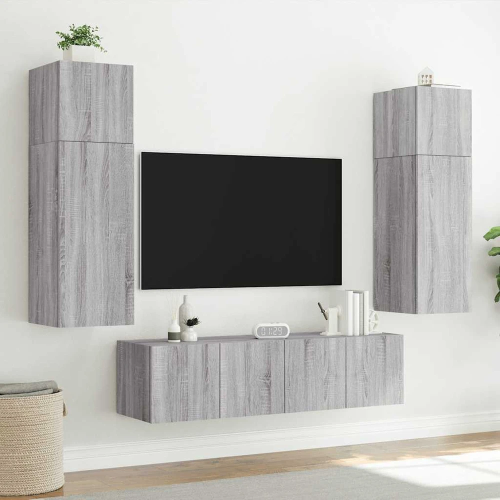 TV staliukas Sieninė TV spintelė su LED lemputėmis, pilka ąžuolo, 80x35x31cm
