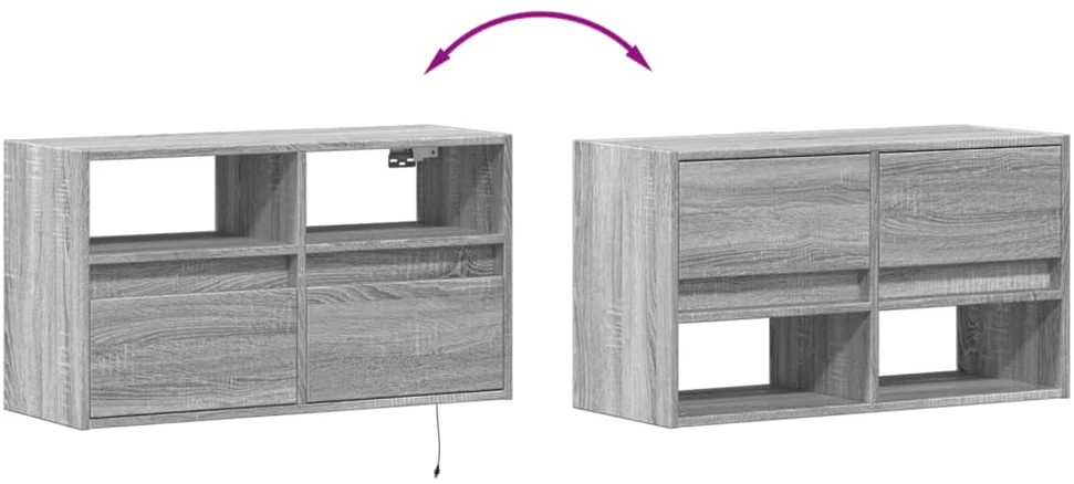 TV staliukas Sieninė TV spintelė su LED lemputėmis, pilka ąžuolo, 80x31x45cm