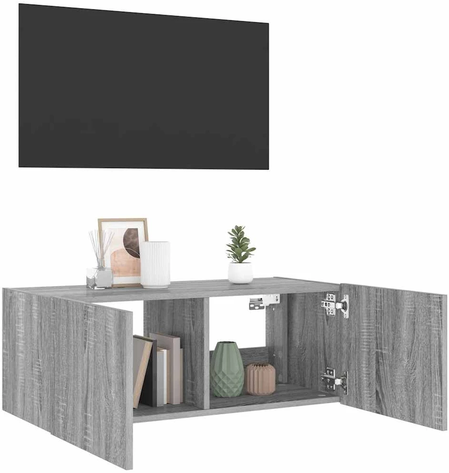 TV staliukas Sieninė TV spintelė su LED lemputėmis, pilka ąžuolo, 80x35x31cm