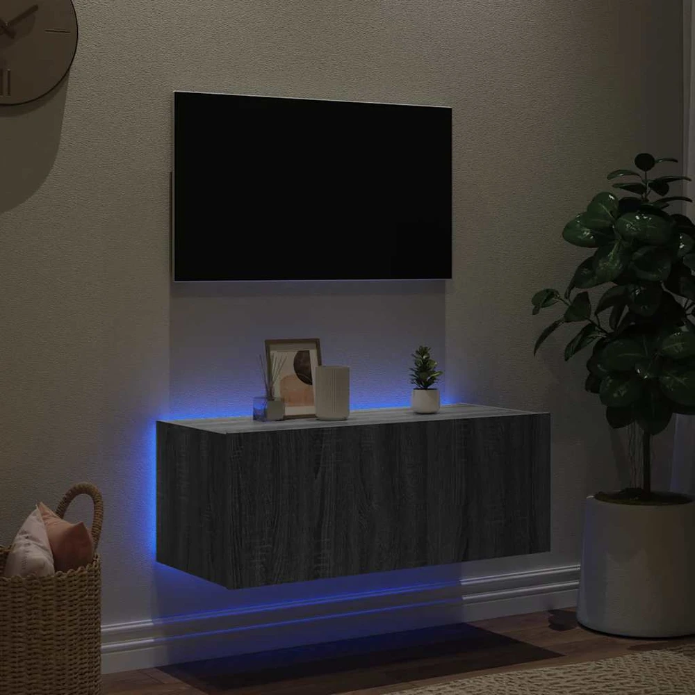 TV staliukas Sieninė TV spintelė su LED lemputėmis, pilka ąžuolo, 80x35x31cm