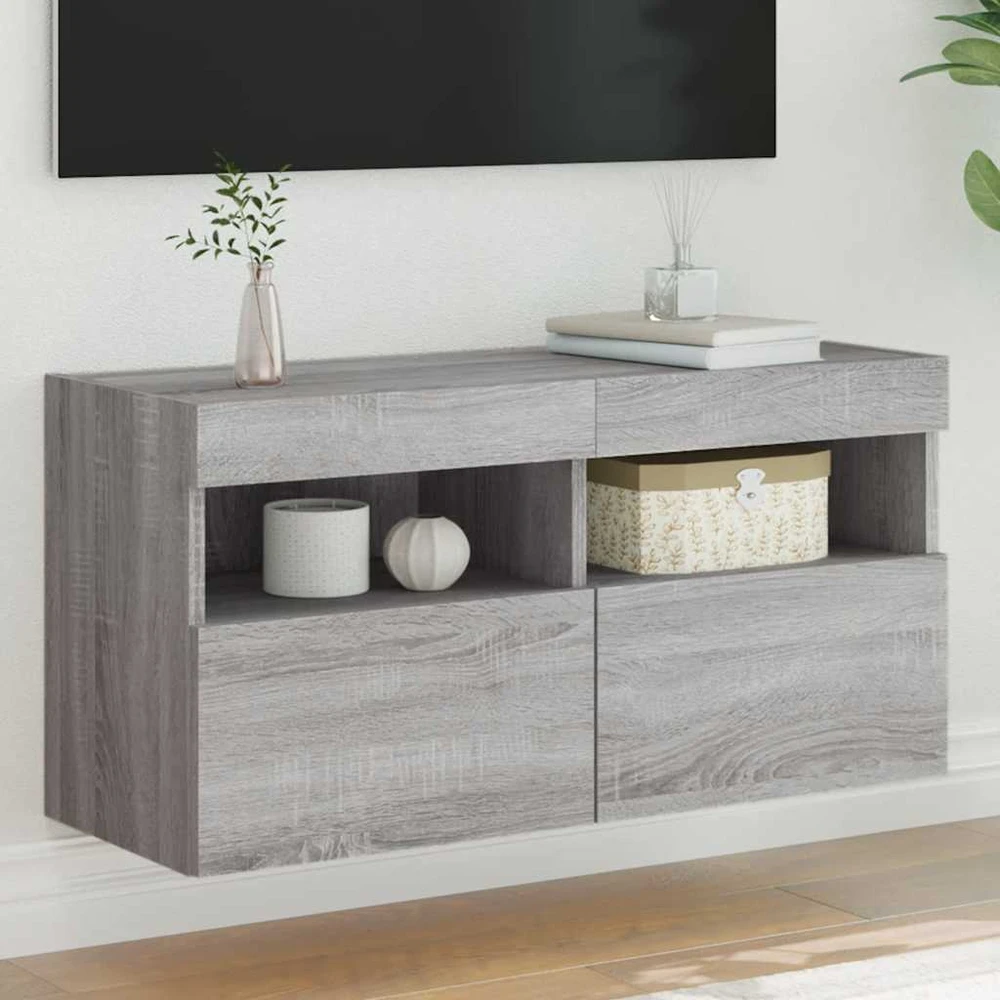 TV staliukas Sieninė TV spintelė su LED lemputėmis, pilka ąžuolo, 80x30x40cm