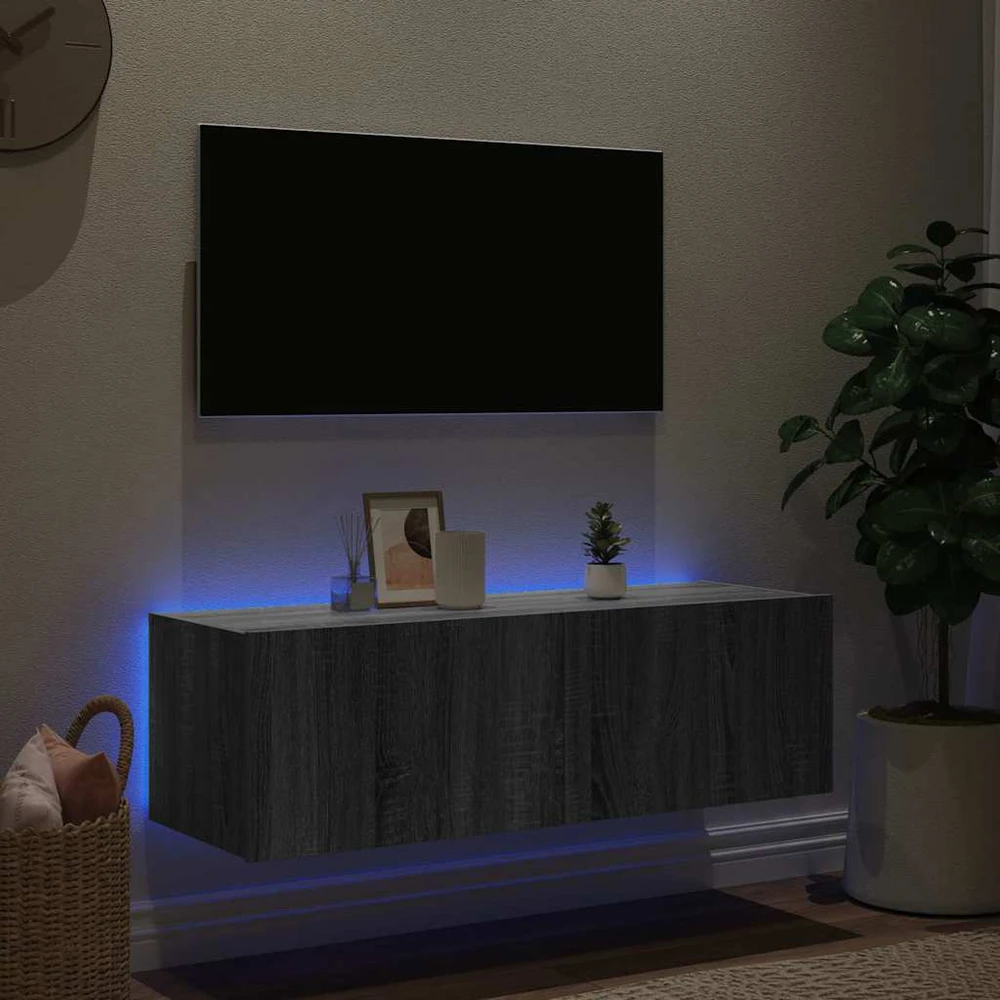 TV staliukas Sieninė TV spintelė su LED lemputėmis, pilka, 100x35x31cm
