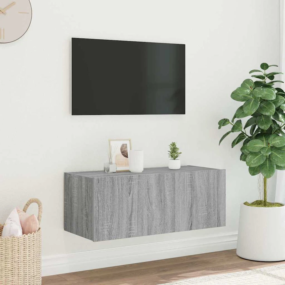 TV staliukas Sieninė TV spintelė su LED lemputėmis, pilka ąžuolo, 80x35x31cm