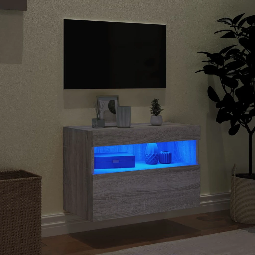 TV staliukas Sieninė TV spintelė su LED lemputėmis, pilka ąžuolo, 60x30x40cm