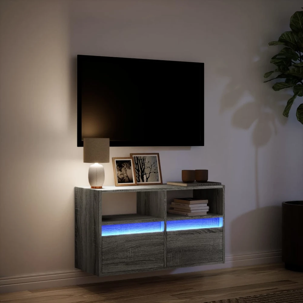 TV staliukas Sieninė TV spintelė su LED lemputėmis, pilka ąžuolo, 80x31x45cm