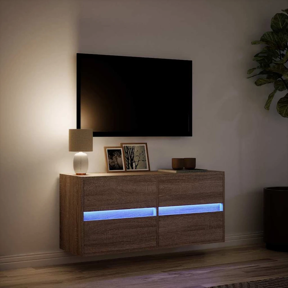 TV staliukas Sieninė TV spintelė su LED lemputėmis, ruda ąžuolo, 100x31x45cm