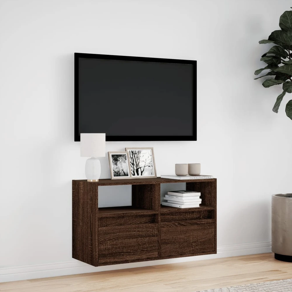 TV staliukas Sieninė TV spintelė su LED lemputėmis, ruda ąžuolo, 80x31x45cm
