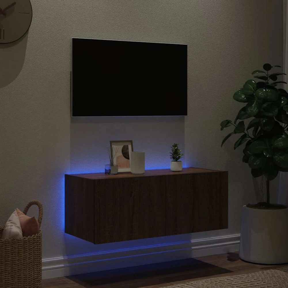 TV staliukas Sieninė TV spintelė su LED lemputėmis, ruda ąžuolo, 80x35x31cm