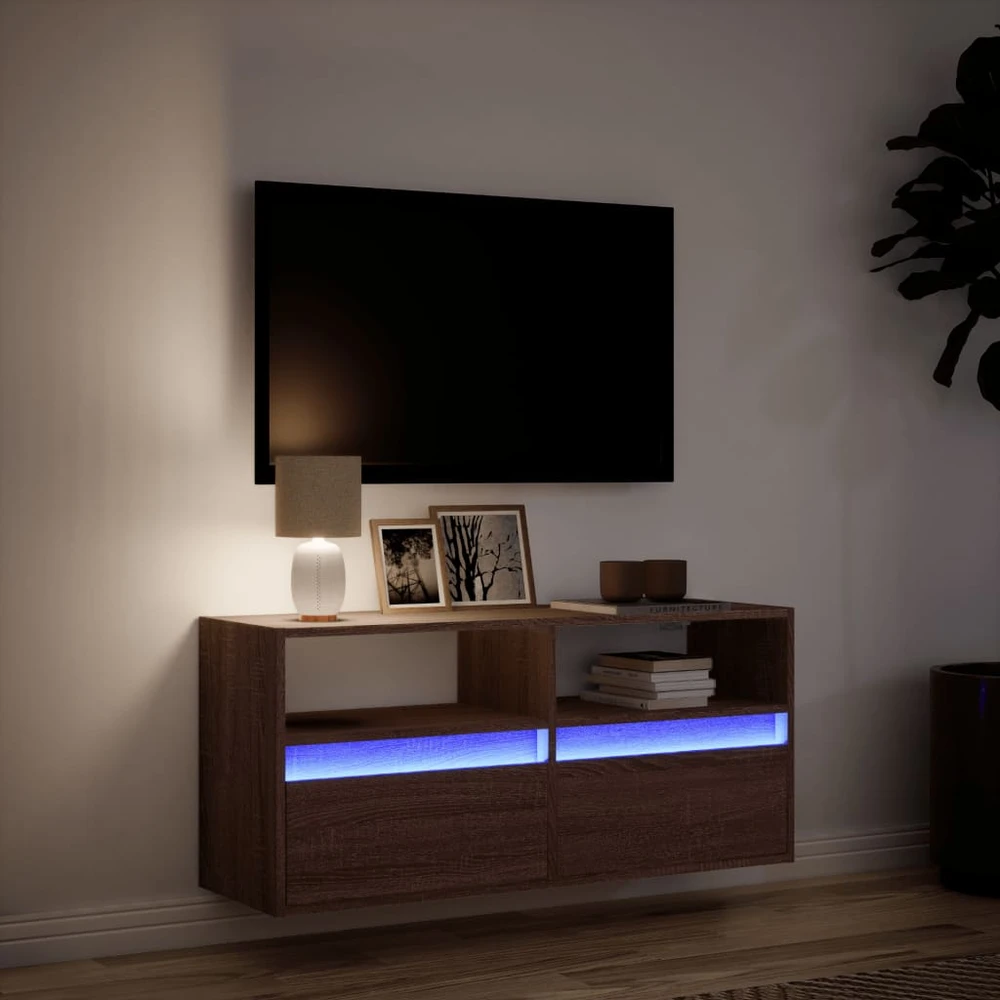 TV staliukas Sieninė TV spintelė su LED lemputėmis, ruda ąžuolo, 100x31x45cm