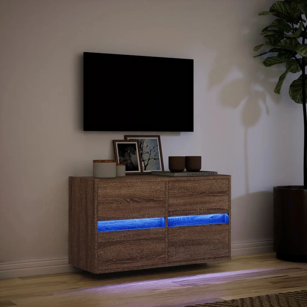 TV staliukas Sieninė TV spintelė su LED lemputėmis, ruda ąžuolo, 80x31x45cm