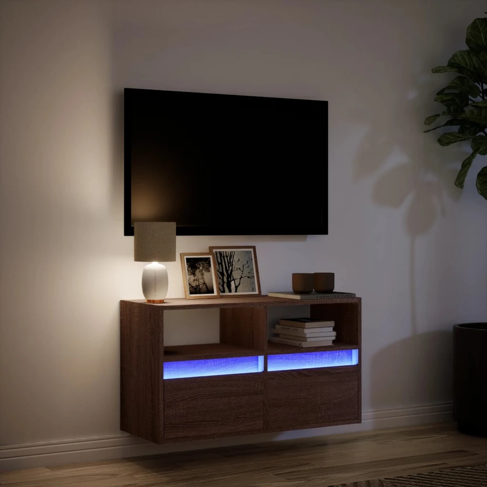 TV staliukas Sieninė TV spintelė su LED lemputėmis, ruda ąžuolo, 80x31x45cm