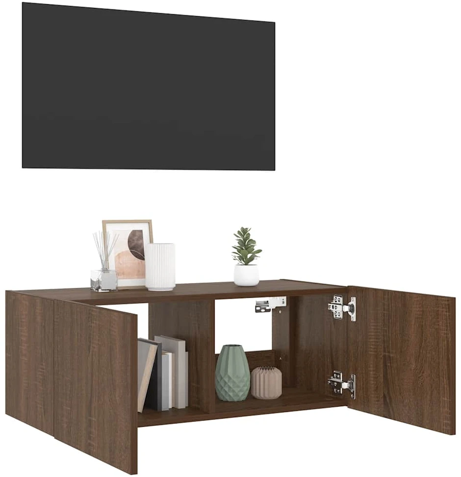 TV staliukas Sieninė TV spintelė su LED lemputėmis, ruda ąžuolo, 80x35x31cm