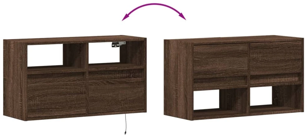 TV staliukas Sieninė TV spintelė su LED lemputėmis, ruda ąžuolo, 80x31x45cm