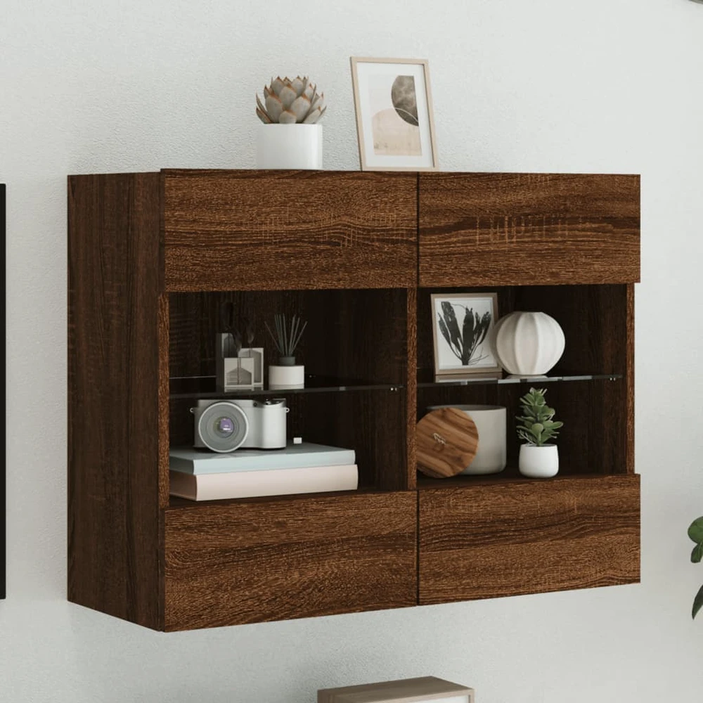 TV staliukas Sieninė TV spintelė su LED lemputėmis, ruda, 78,5x30x60,5cm