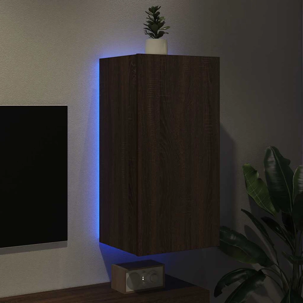 TV staliukas Sieninė TV spintelė su LED lemputėmis, ruda, 40,5x35x80cm