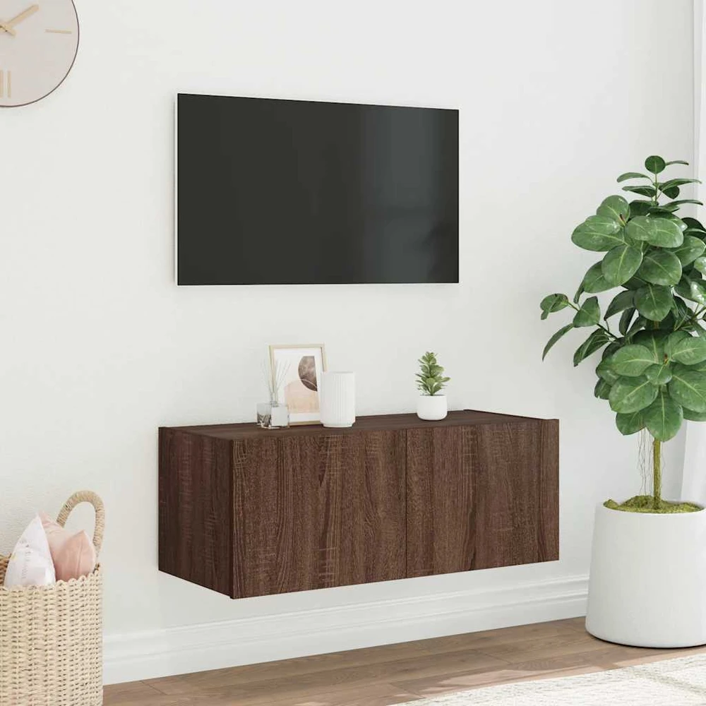 TV staliukas Sieninė TV spintelė su LED lemputėmis, ruda ąžuolo, 80x35x31cm