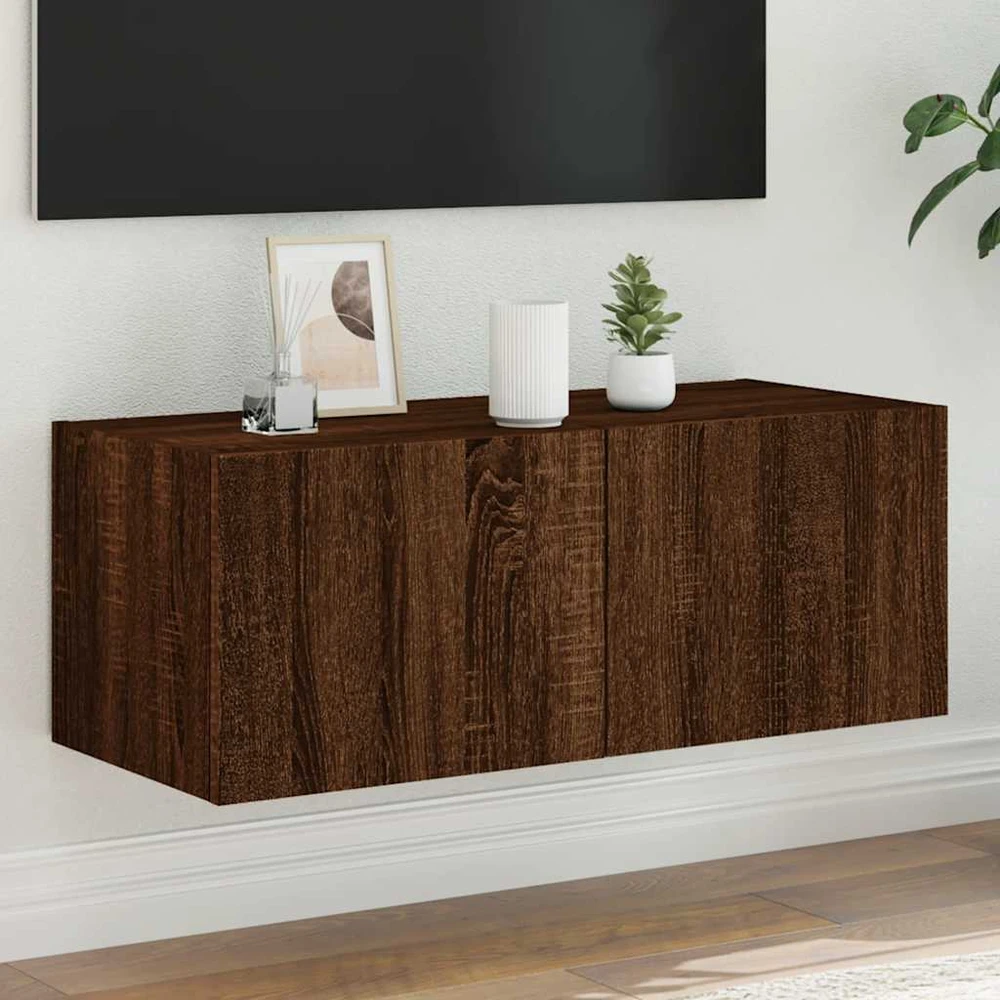 TV staliukas Sieninė TV spintelė su LED lemputėmis, ruda ąžuolo, 80x35x31cm