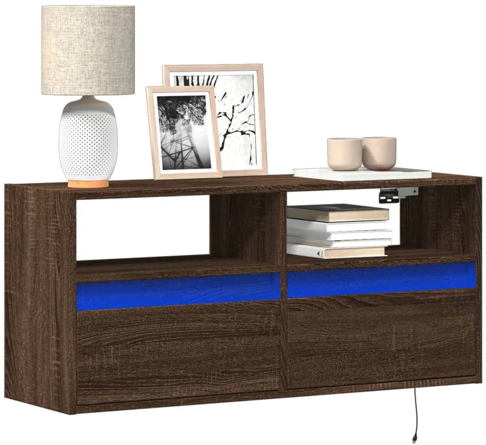 TV staliukas Sieninė TV spintelė su LED lemputėmis, ruda ąžuolo, 100x31x45cm