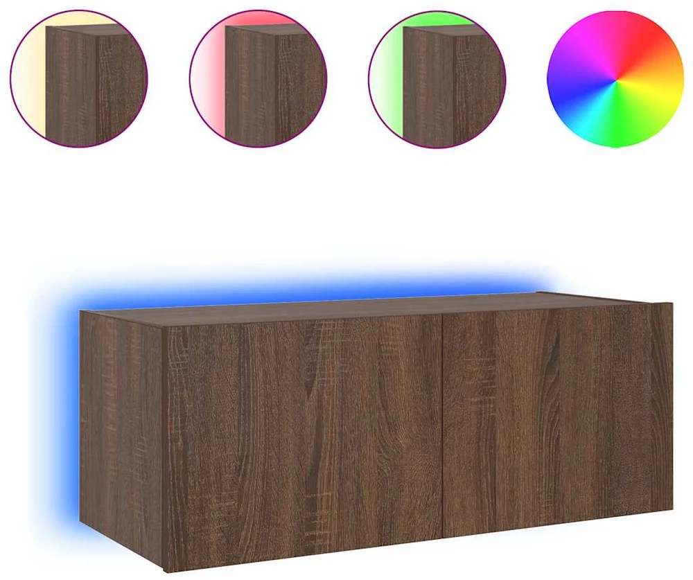 TV staliukas Sieninė TV spintelė su LED lemputėmis, ruda ąžuolo, 80x35x31cm