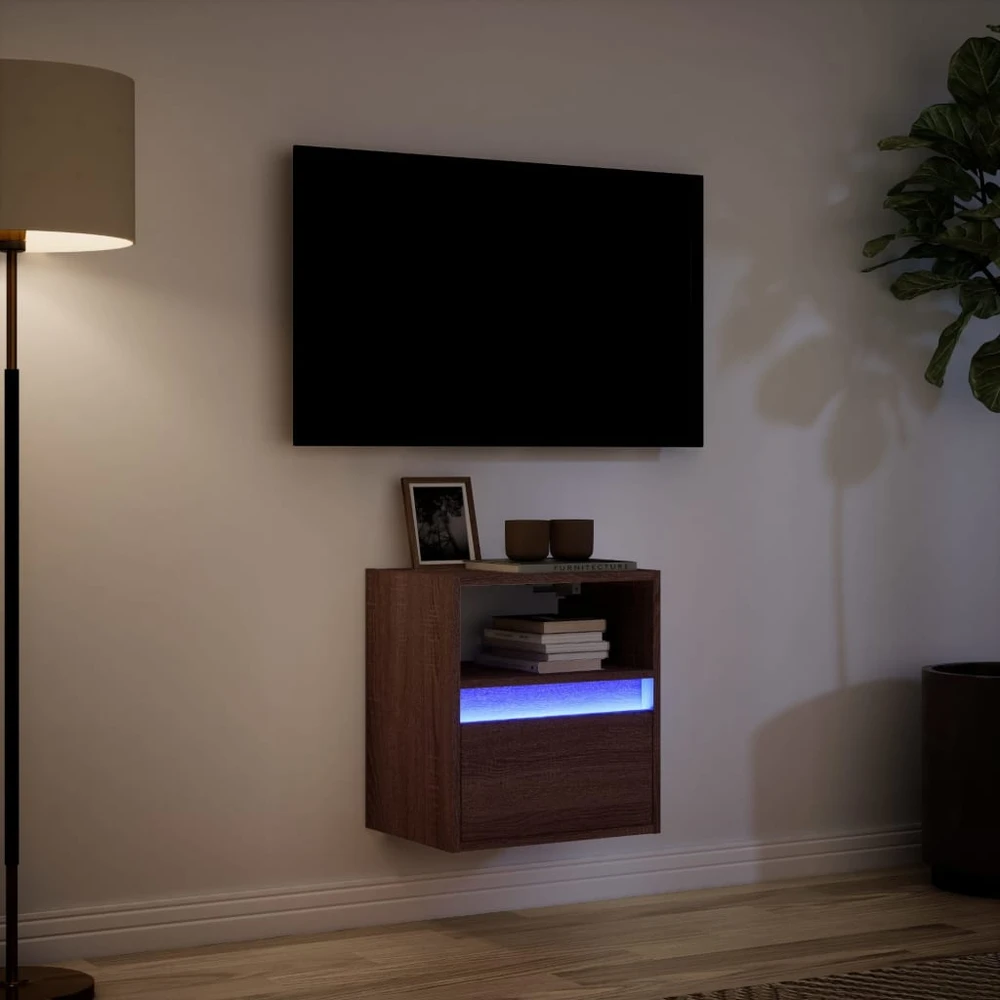 TV staliukas Sieninė TV spintelė su LED lemputėmis, ruda ąžuolo, 41x31x45cm