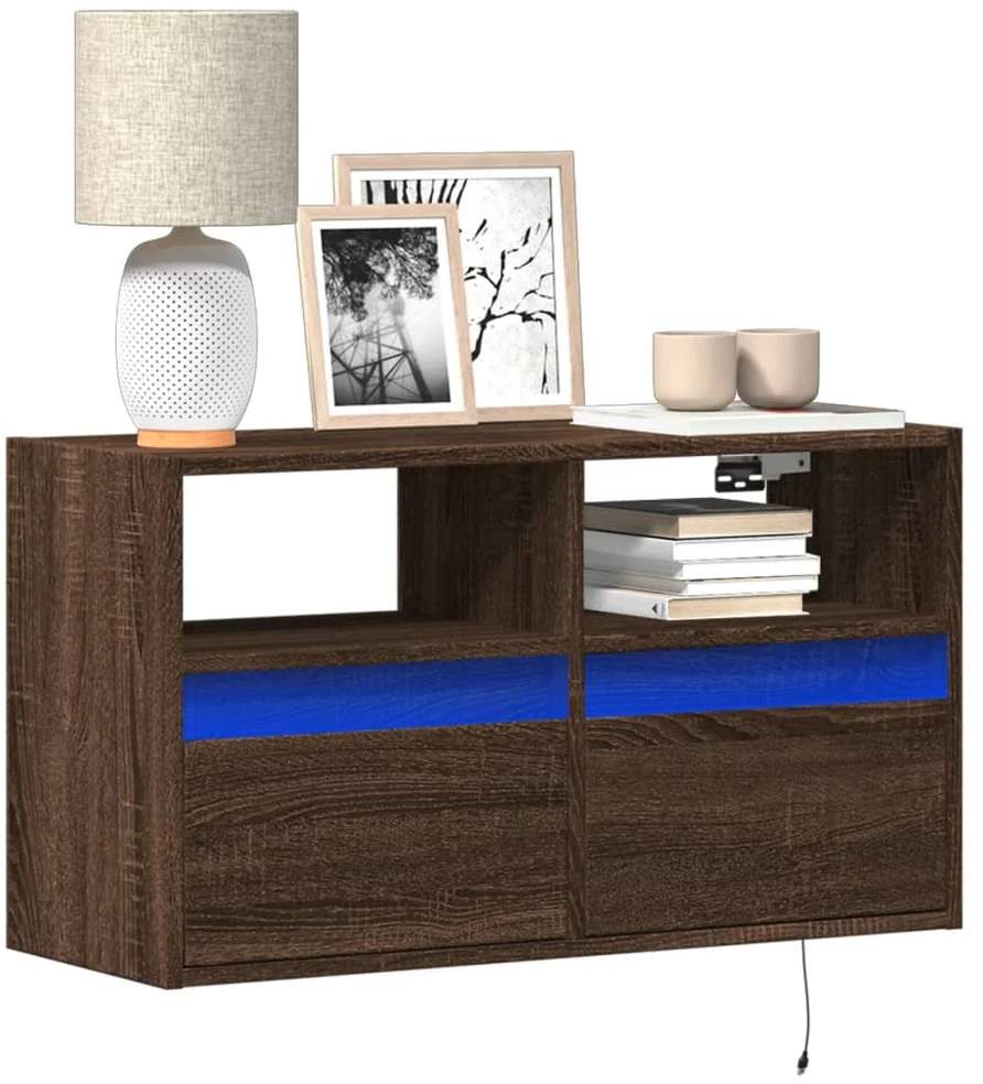TV staliukas Sieninė TV spintelė su LED lemputėmis, ruda ąžuolo, 80x31x45cm