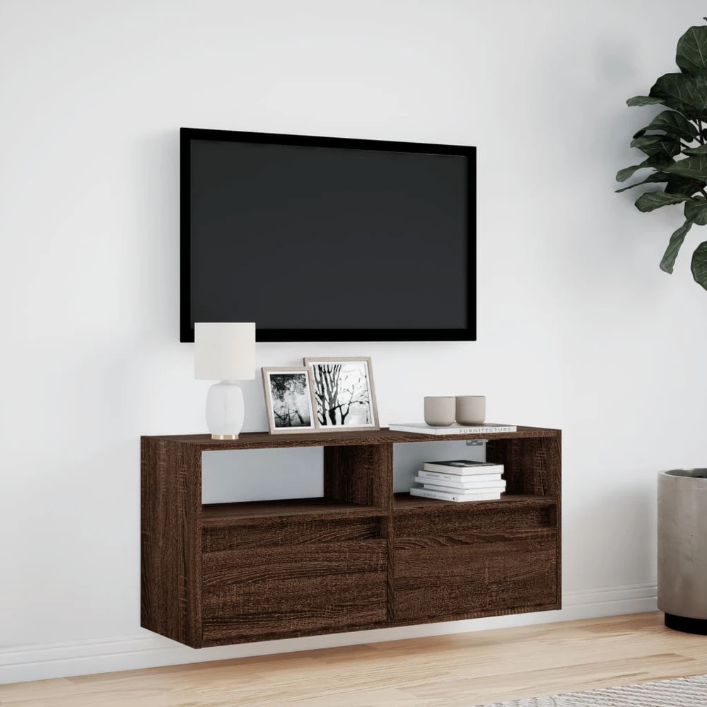 TV staliukas Sieninė TV spintelė su LED lemputėmis, ruda ąžuolo, 100x31x45cm