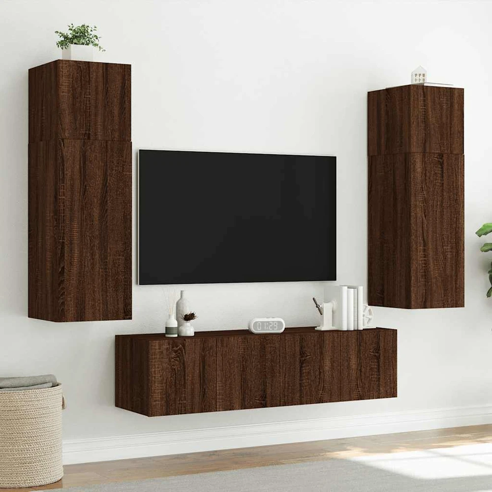 TV staliukas Sieninė TV spintelė su LED lemputėmis, ruda ąžuolo, 80x35x31cm