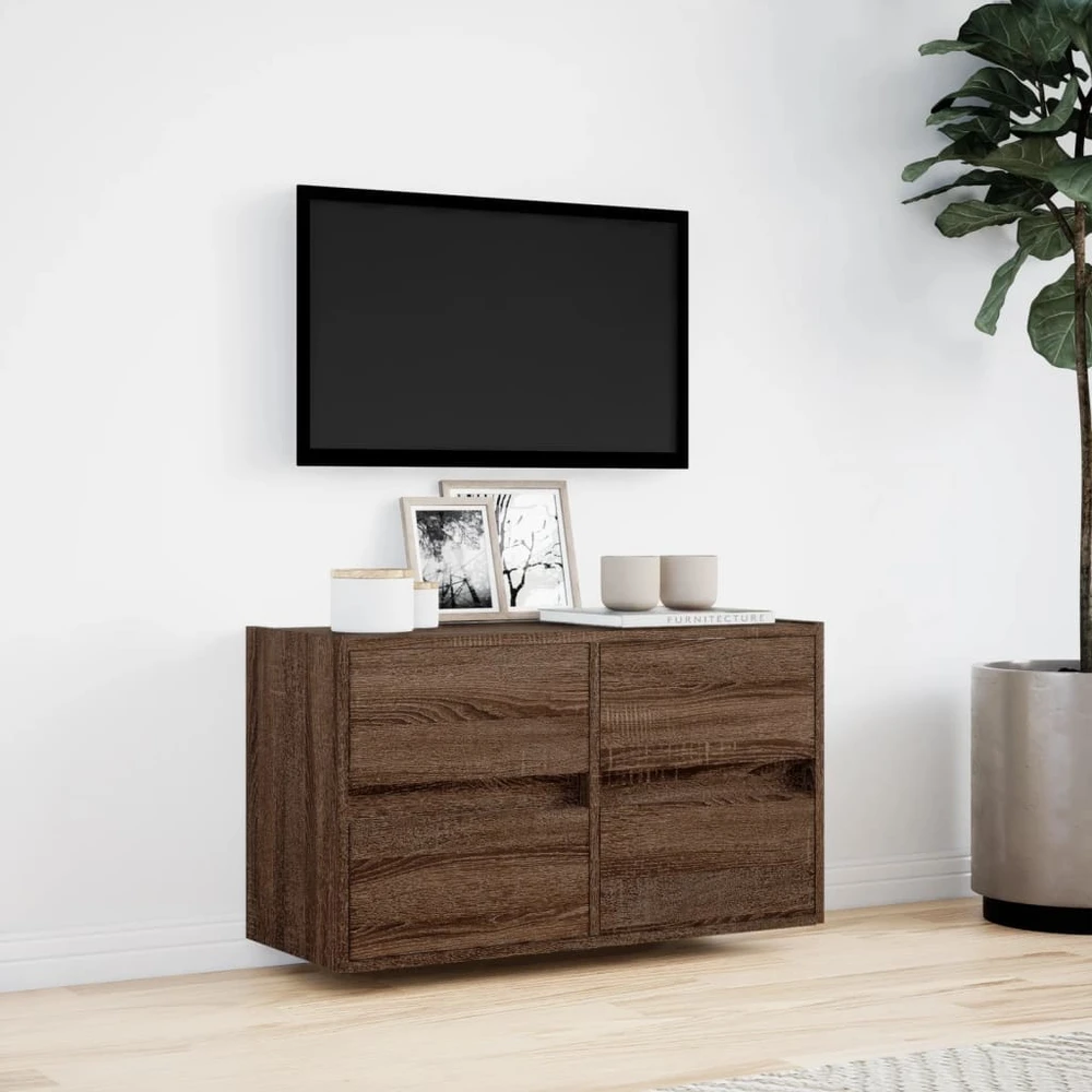 TV staliukas Sieninė TV spintelė su LED lemputėmis, ruda ąžuolo, 80x31x45cm