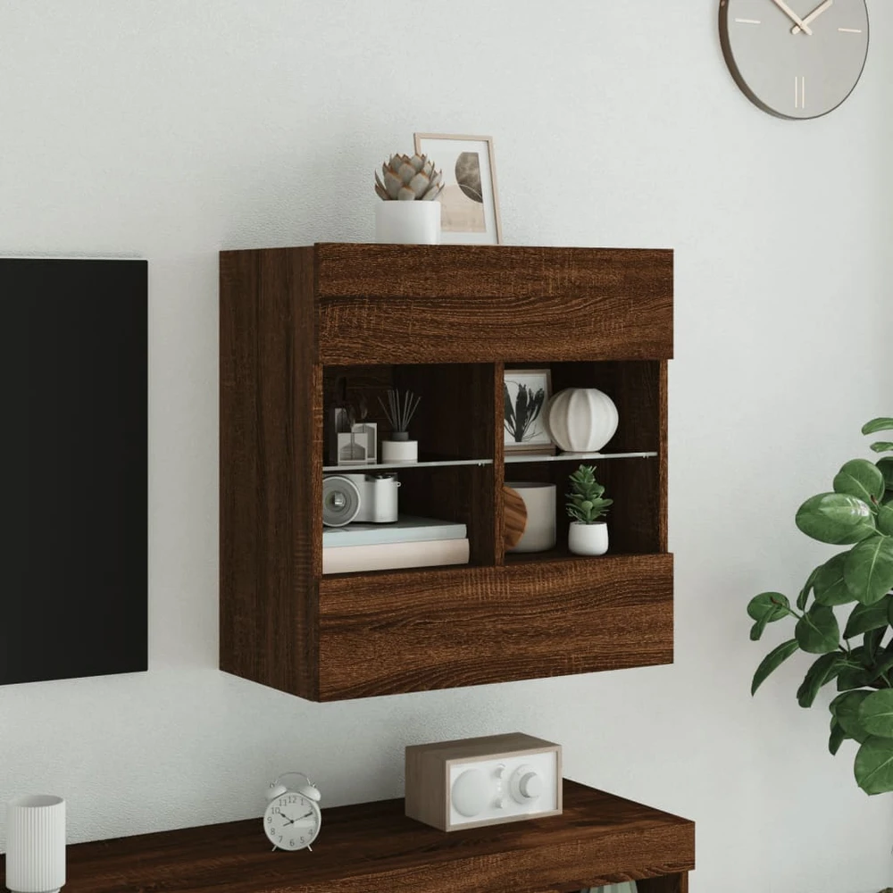 TV staliukas Sieninė TV spintelė su LED lemputėmis, ruda, 58,5x30x60,5cm