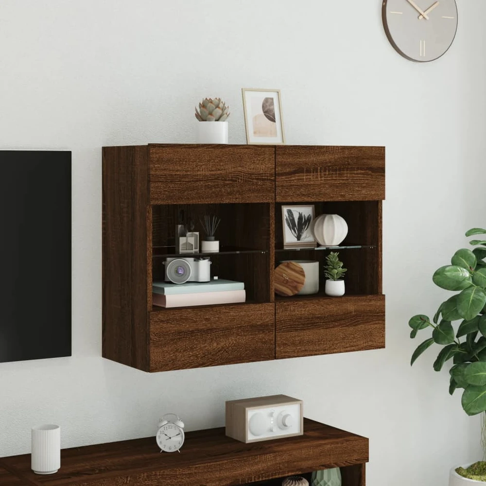 TV staliukas Sieninė TV spintelė su LED lemputėmis, ruda, 78,5x30x60,5cm