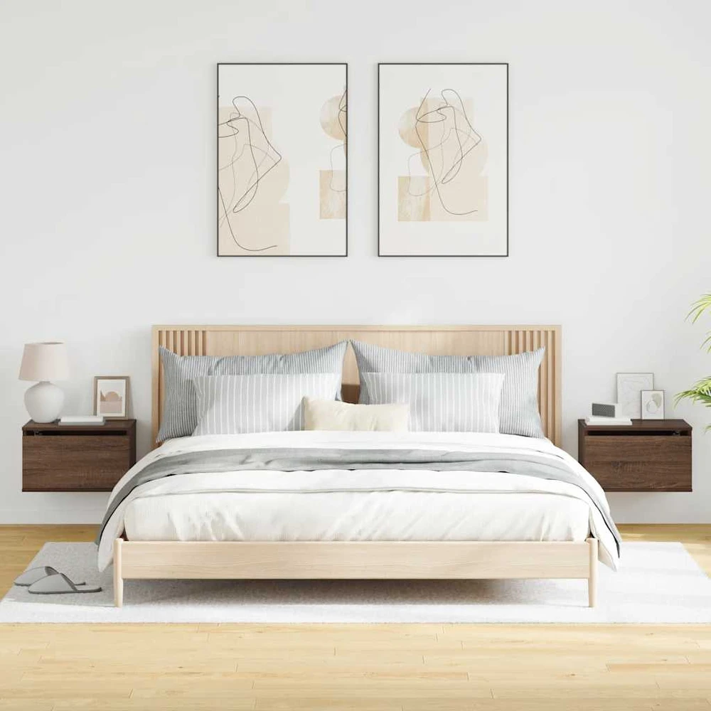 Sieninės naktinės spintelės su LED, 2vnt., rudos ąžuolo